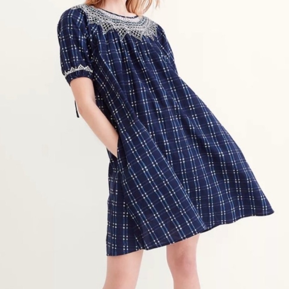 Madewell embroidered puff sleeve babydoll shibori plaid dress small
